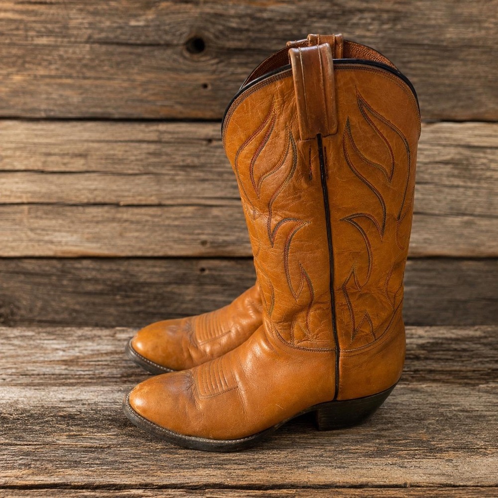 Vintage Tan Leather Western Cowboy Boots Multi Color Flame Stitching Pointed Toe